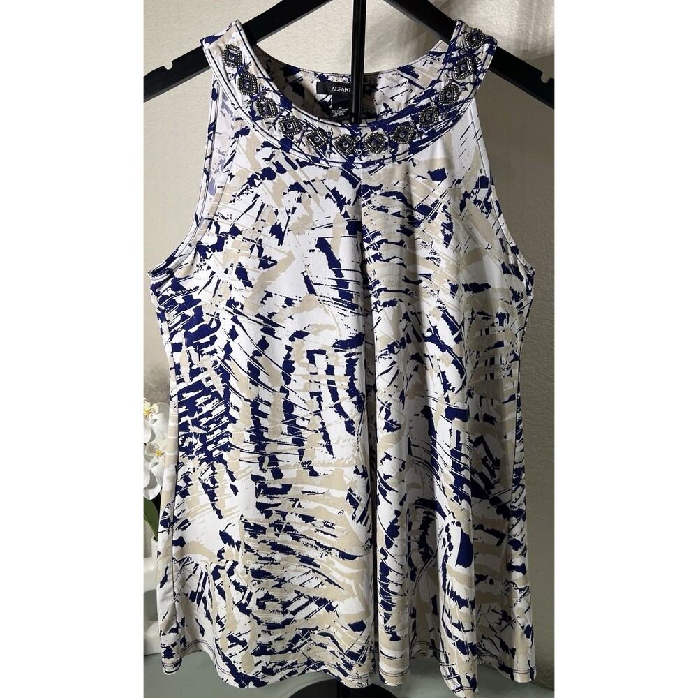 Alfani Women's Embellished Sleeveless Blouse Tank Top Size M Blue Beige White